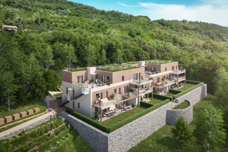 Intégration 3D du programme Les Jardins de Romane sur une prise de vue drone, à Notre-Dame-de-Mésage