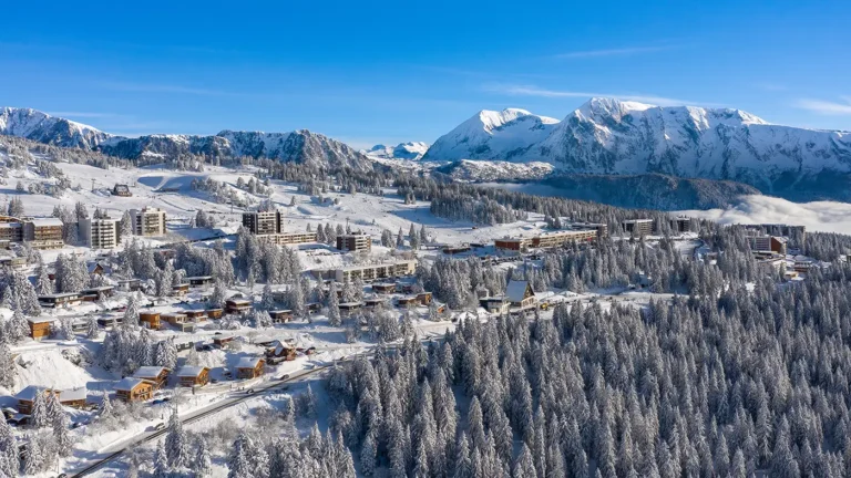 Les 2 Alpes enneigées vues par drone
