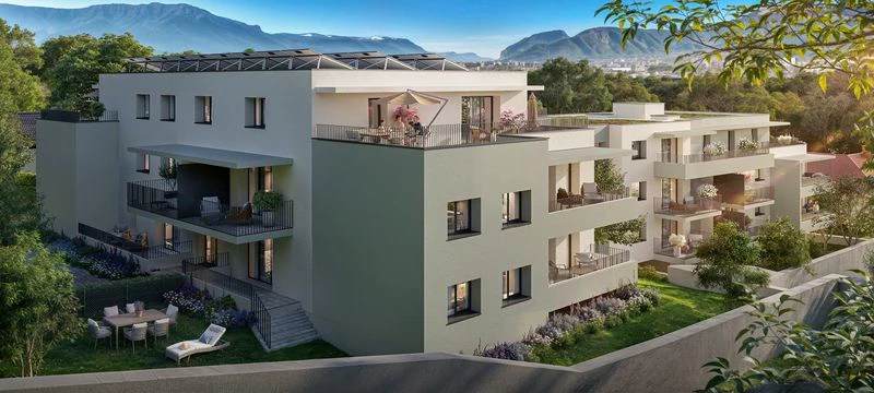 Perspective de L’Écrin de Néméa à Poisat : terrasses et toit-terrasse face au Vercors, sur fond de vue d’étage prise par drone