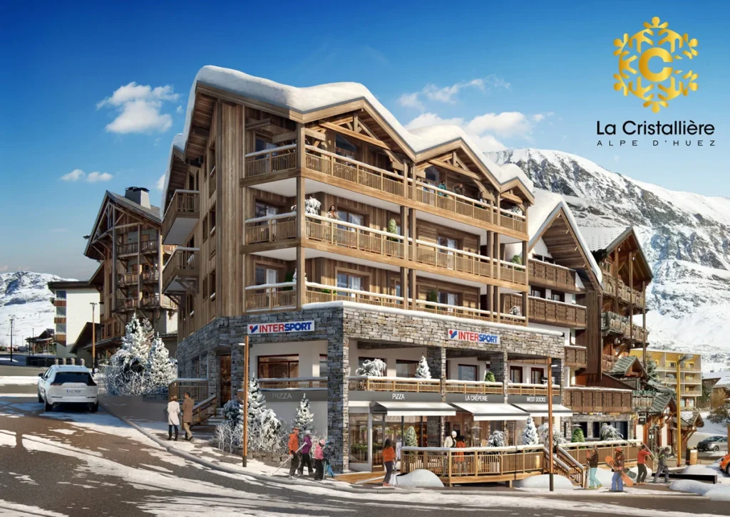 Perspective de La Cristallière à l’Alpe d’Huez : la résidence intégrée en 3D par Emergence Lyon dans le décor de la station